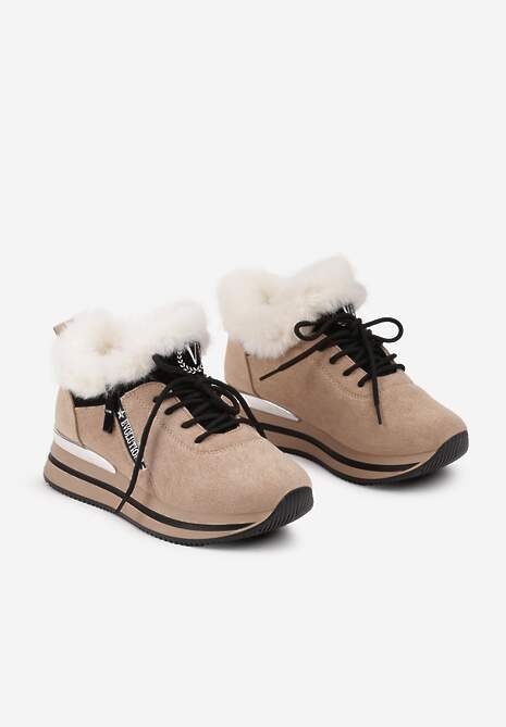 Beżowe Sneakersy na Płaskiej Podeszwie z Napisem i Futerkiem Taricea