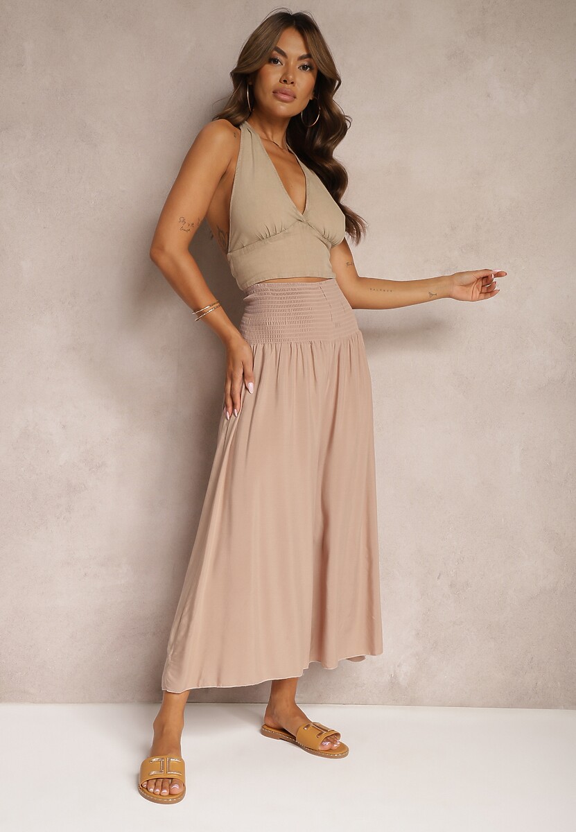 Beżowe Plisowane Spodnie Szerokie z Bawełny Jaina