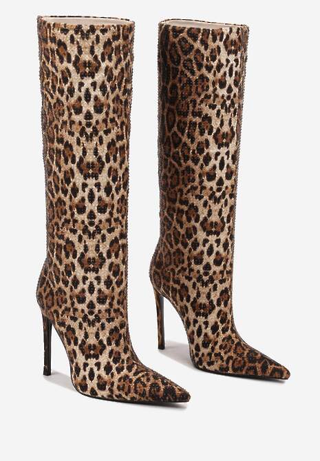 Brązowe Wsuwane Kozaki na Obcasie Typu Szpilka z Noskiem w Szpic i Cyrkoniowym Detalem Hanilaya