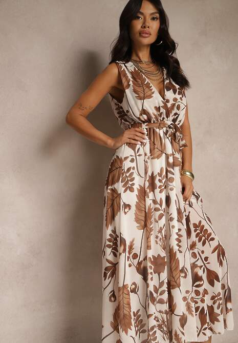 Brązowa Sukienka z Wiskozą z Kopertowym Dekoltem i Wiązanym Paskiem Natisolve