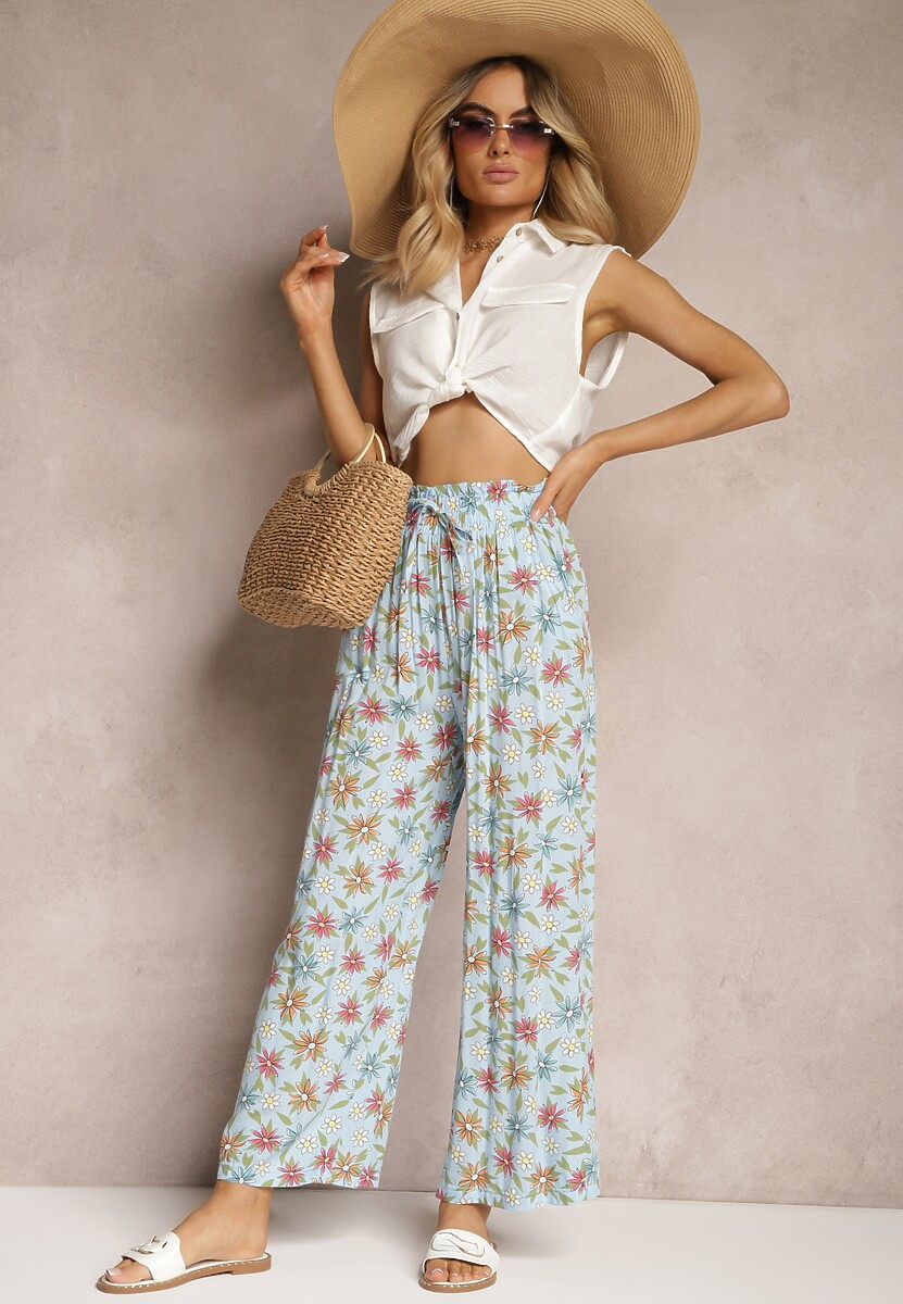 Jasnozielone Szerokie Spodnie z Bawełny z Gumką w Talii Axnalia