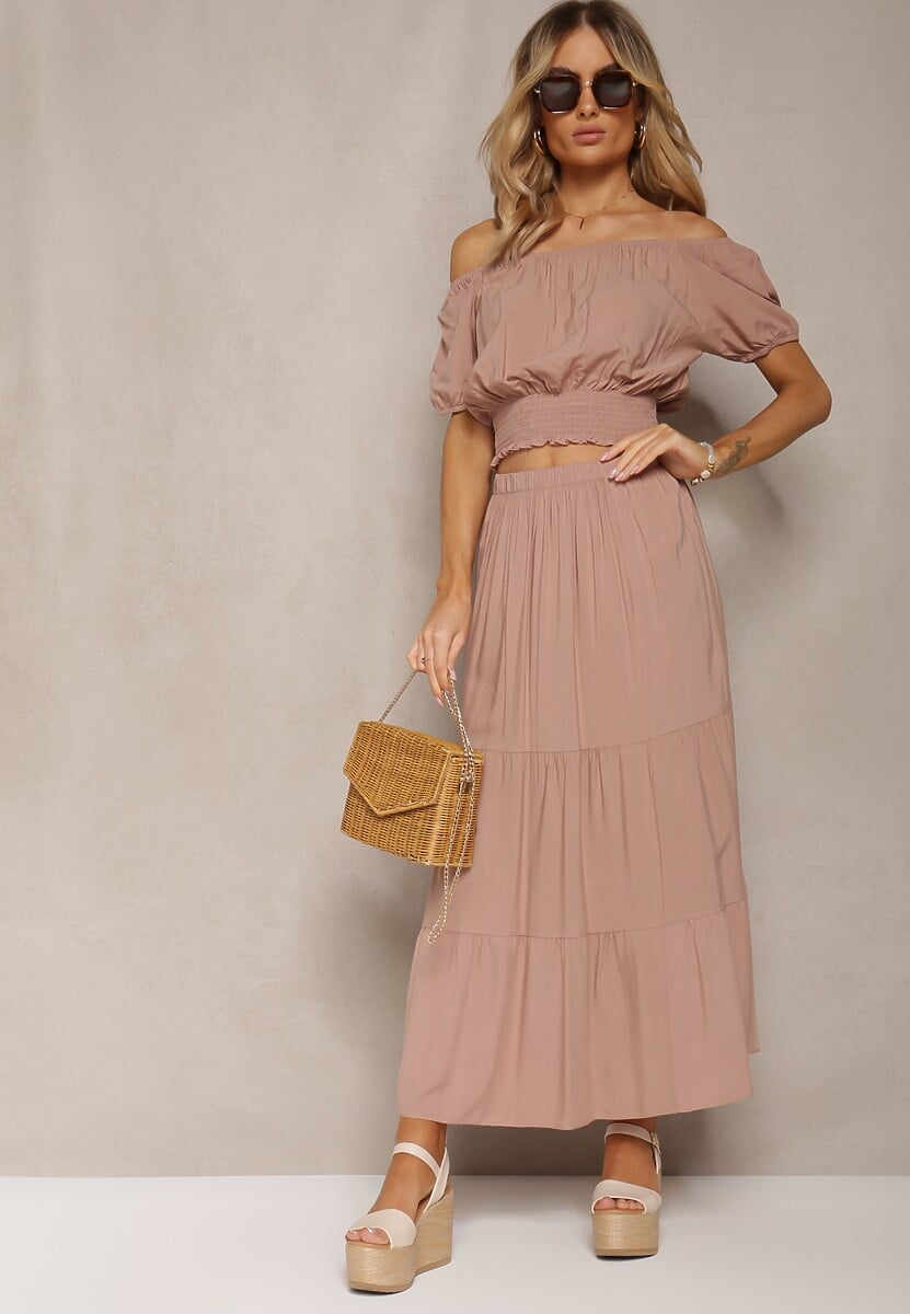 Ciemnobeżowy Letni Komplet z Wiskozy z Rozkloszowaną Spódnicą i Bluzką z Hiszpańskim Dekoltem Rallissa