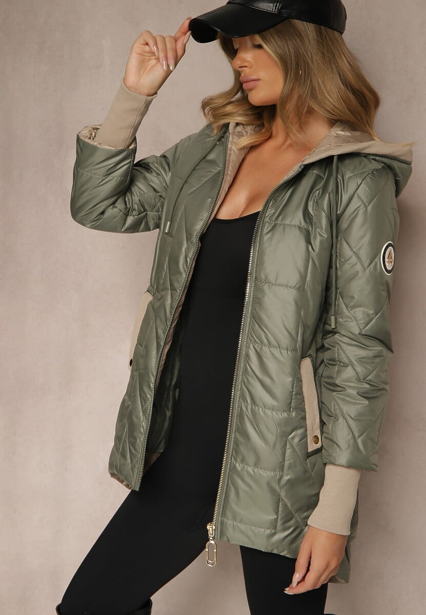 Ciemnobeżowa Kurtka z Pikowanymi Przeszyciami Kapturem i Dłuższym Tyłem Tuleina