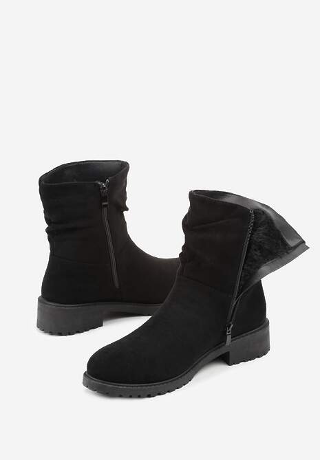 Czarne Botki z Imitacji Zamszu z Marszczoną Cholewką do Kostki Ilora