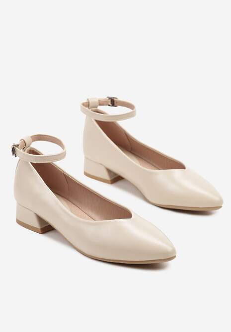 Beżowe Czółenka na Słupku z Wkładką ze Skóry Naturalnej Ozdobione Paskiem Norzeri