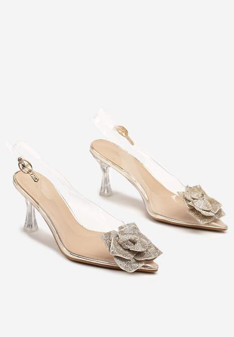 Złote Transparentne Sandały na Obcasie z Błyszczącym Kwiatkiem Alariva