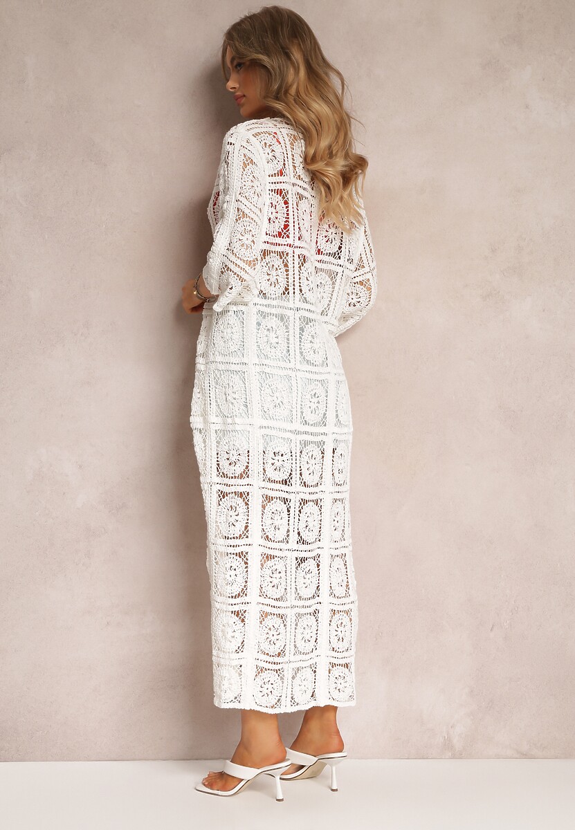 Biała Narzutka Przezroczysta z Haftem i Wiązaniem w Pasie Charolette