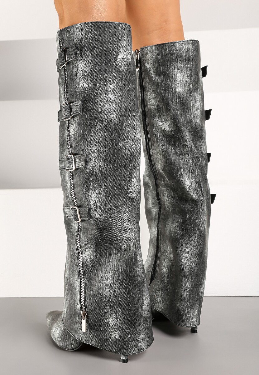 Czarne Kozaki Jeansowe na Szpilce z Klamrami na Wywiniętej Cholewce Riaviraen