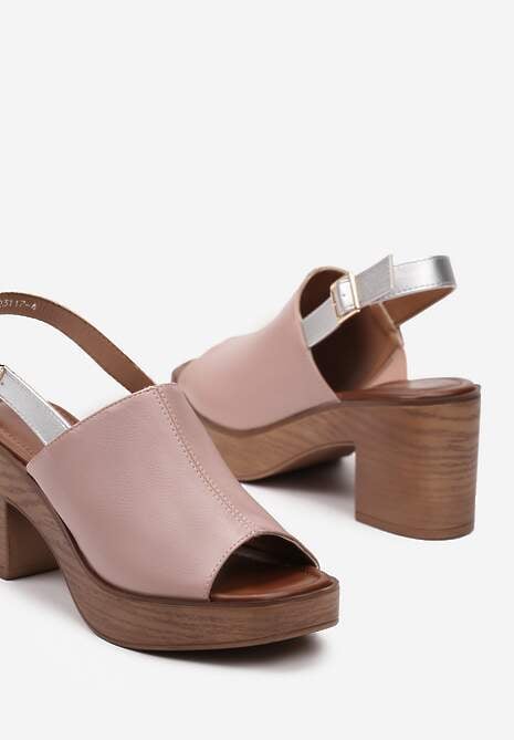 Różowe Sandały Peep Toe na Obcasie z Platformą Ozdobione Wstawką Imitującą Drewno Glevissiga