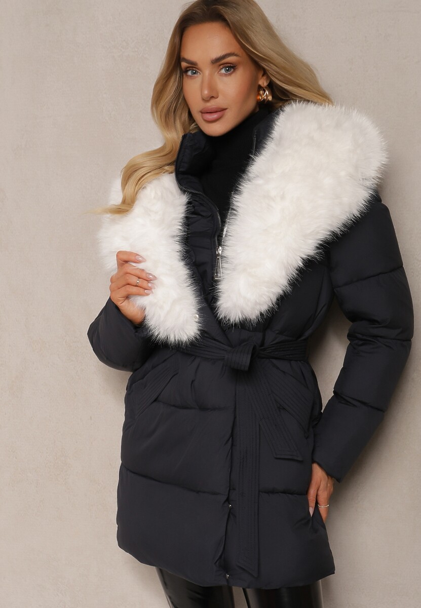 Granatowa Kurtka Ozdobiona Pikowaniem Odpinanym Kołnierzem z Futerkiem i Paskiem Edanora