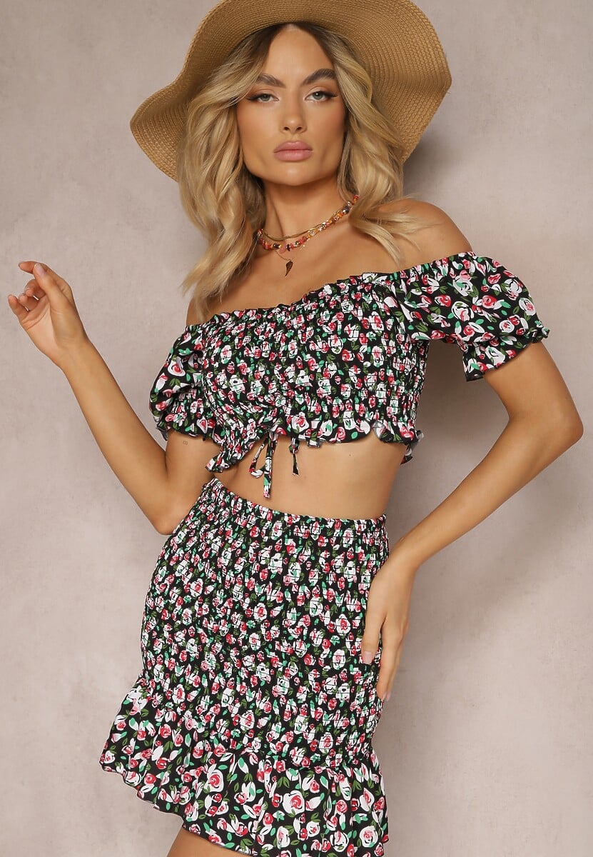 Czarny Komplet na Lato z Krótkim Topem i Spódniczką o Kwiatowym Wzorze Amarulla