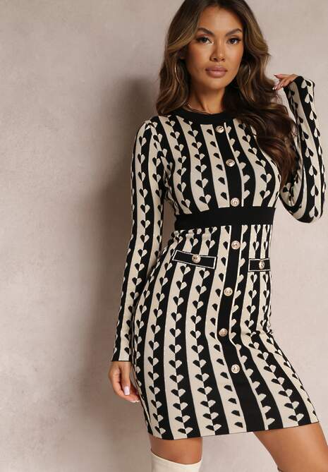 Beżowa Dopasowana Sukienka Dzianinowa w Geometryczny Wzór Grimau