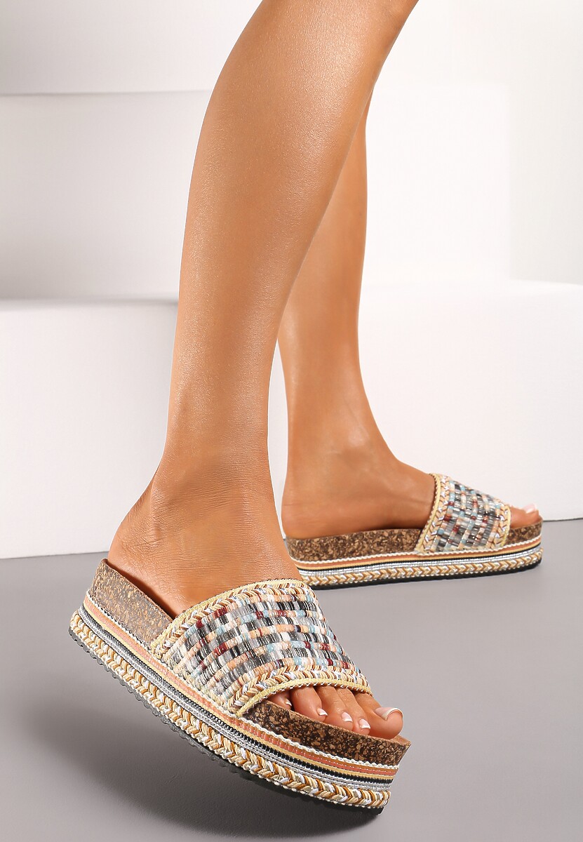 Beżowe Klapki na Platformie z Korka i Plecionki Pamarie