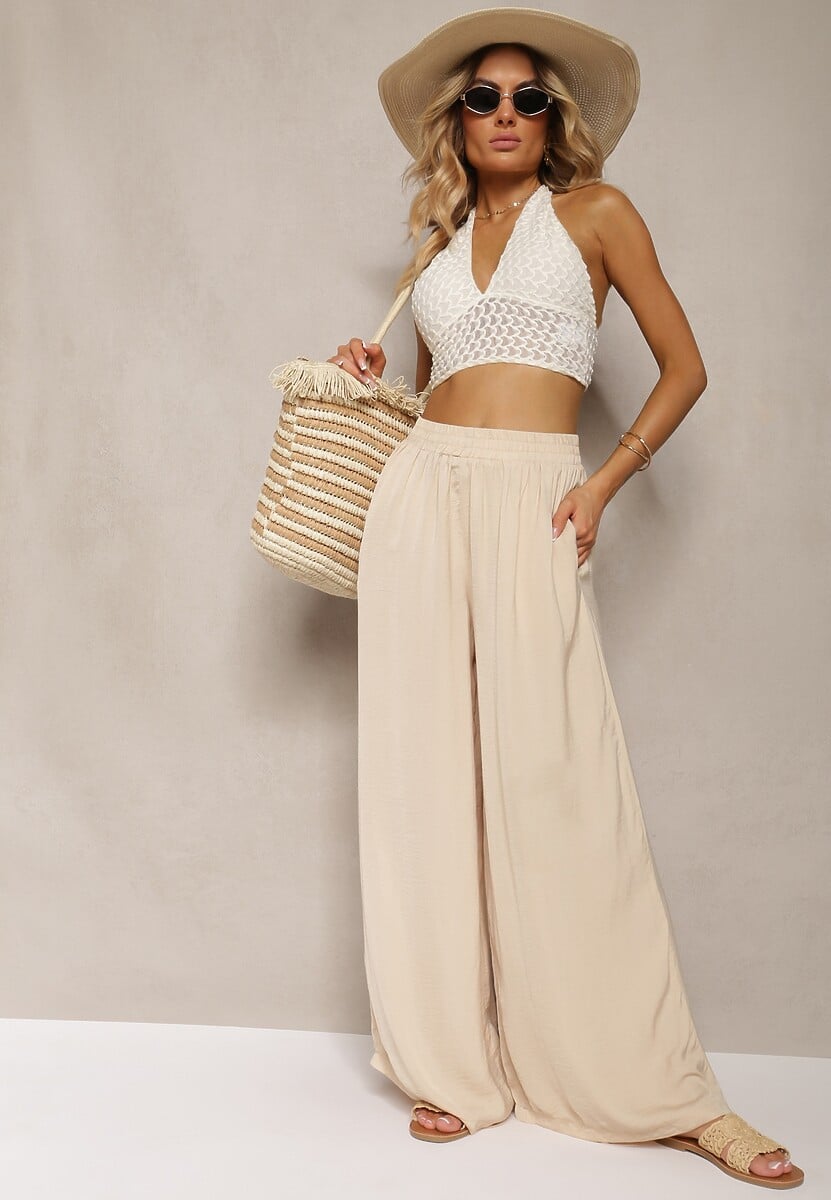 Jasnobeżowe Spodnie High Wiast z Wiskozą i Szerokimi Nogawkami Osevia