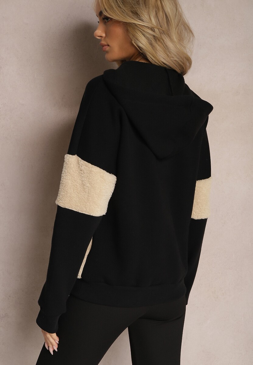 Czarna Bawełniana Bluza z Kapturem ze Ściągaczami i Polarem Eurynia