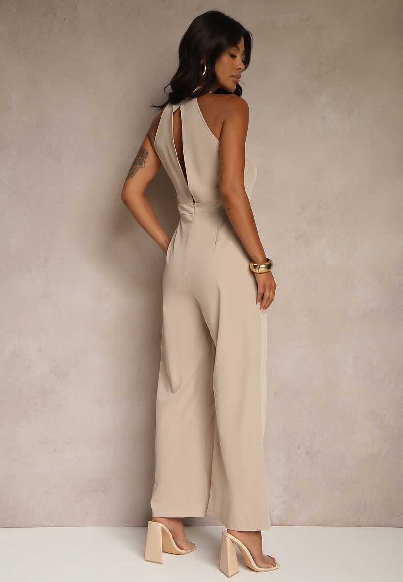 Beżowy Kombinezon Wide Leg z Ozdobnym Wiązaniem przy Szyi Silelia
