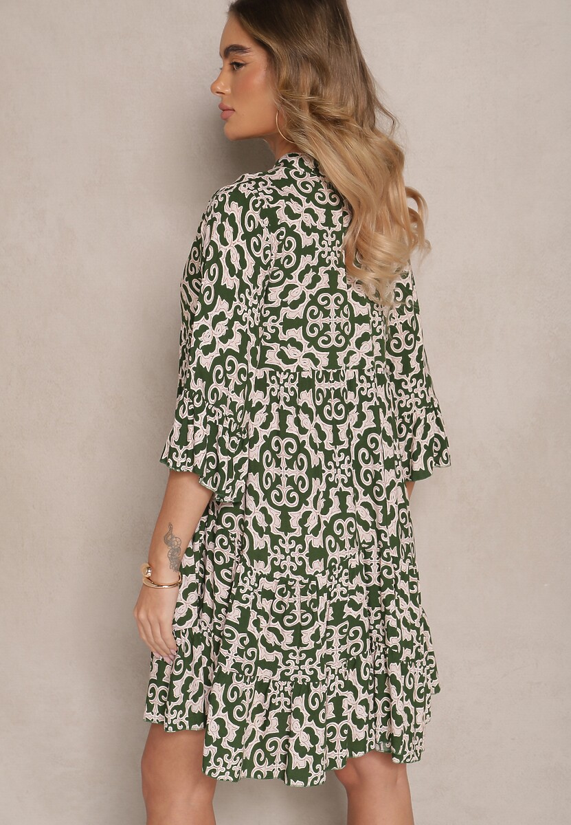 Zielona Sukienka Bawełniana o Rozkloszowanym Kroju w Etniczny Print Zalivine
