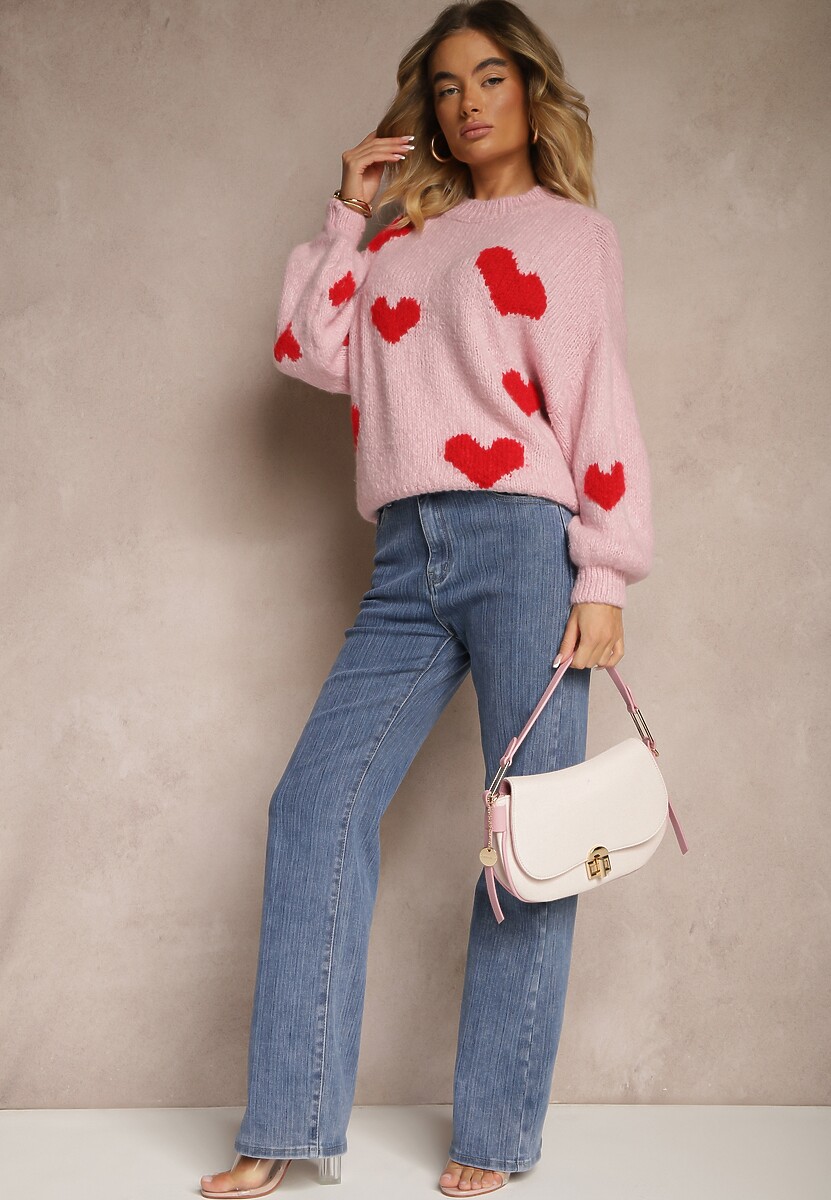 Różowy Sweter z Wiskozą i Wełną Ozdobiony Sercami Lisariona