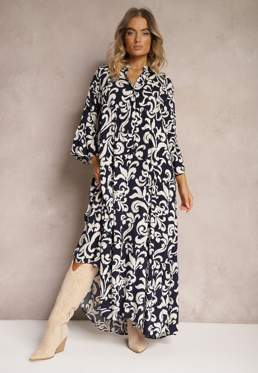 Granatowa Rozkloszowana Sukienka z Wiskozy w Ornamentalny Wzór Irlilena