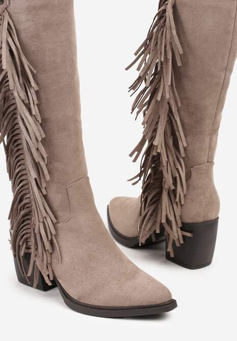 Beżowe Kozaki Kowbojki na Stożku Zdobione Frędzlami Nucca