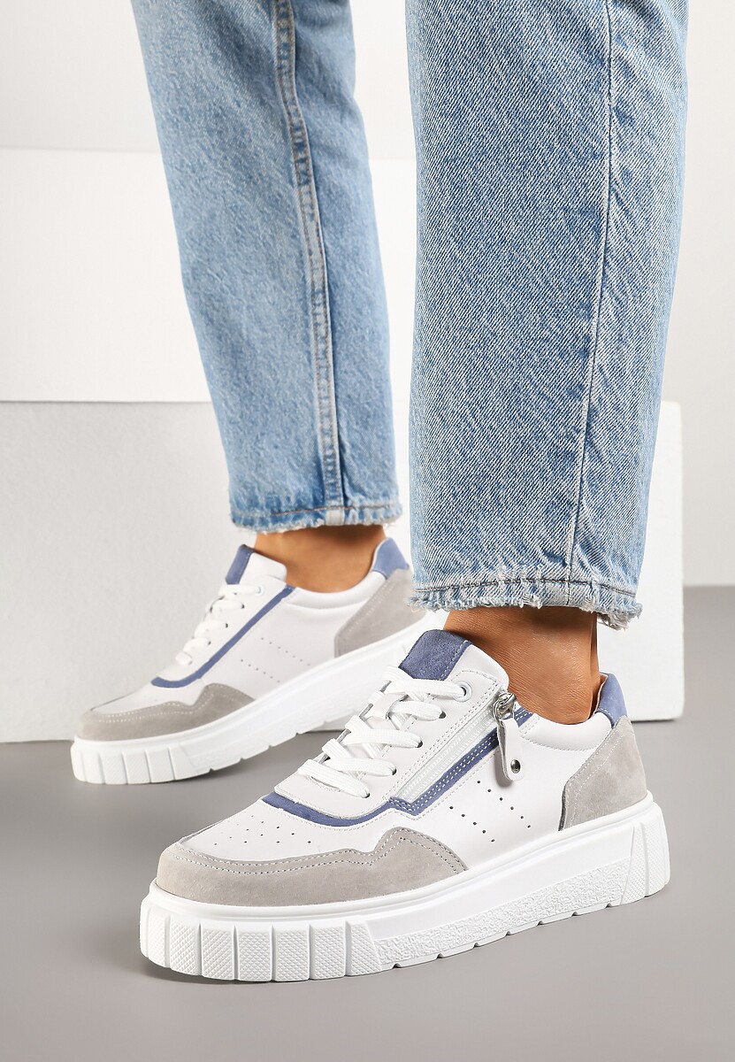 Białe Sneakersy z Naturalnej Skóry na Grubej Podeszwie z Suwakiem Soravelle