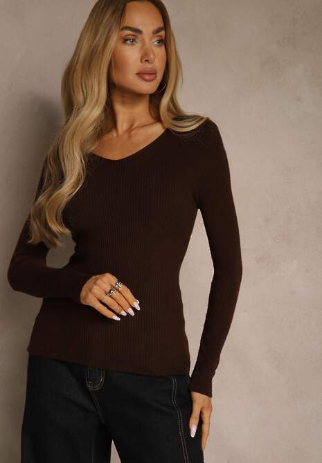 Brązowy Sweter o Klasycznym Fasonie w Drobne Prążki Vorida