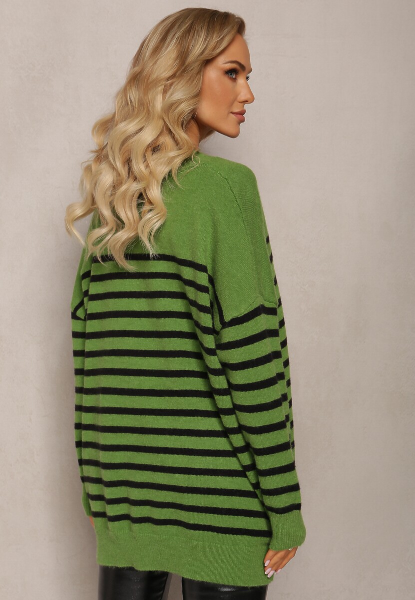 Zielony Kardigan w Paski o Wydłużonym Fasonie z Dekoltem V Zapinany na Guziki Ravime