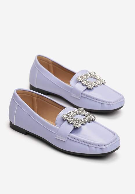 Fioletowe Płaskie Mokasyny z Kwadratowym Noskiem Ozdobionym Kryształkami Celeshta