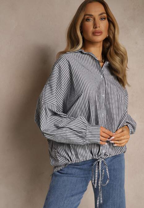 Ciemnoszara Koszula z Bawełny o Kroju Oversize w Prążki ze Ściągaczem w Pasie Neoritia