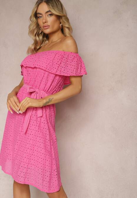 Fuksjowa Haftowana Sukienka Typu Hiszpanka z Gumką i Paskiem w Talii Qira