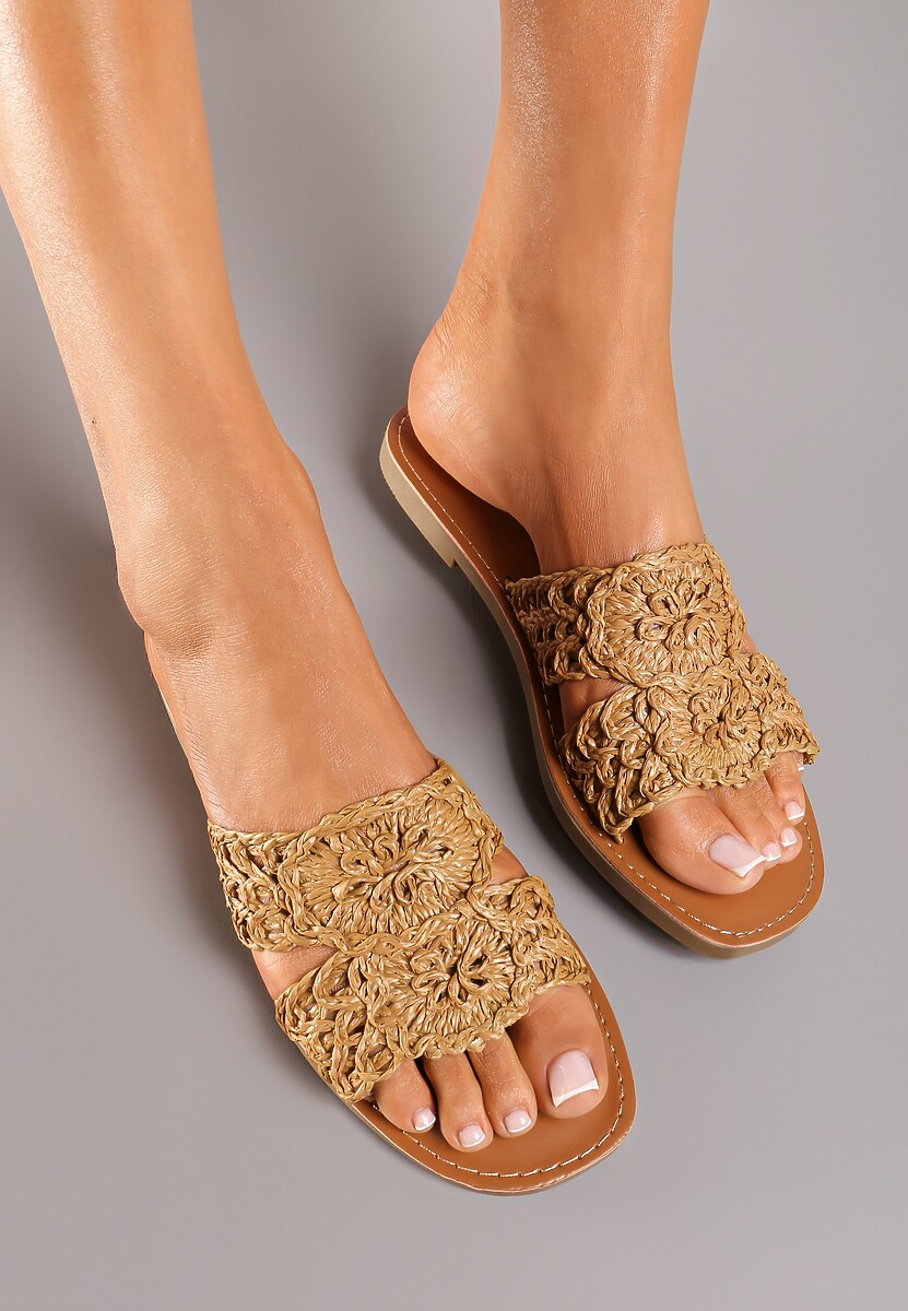 Brązowe Klapki na Płaskiej Podeszwie z Wyściółką z Ekoskóry i Paskiem z Plecionki Lulicella