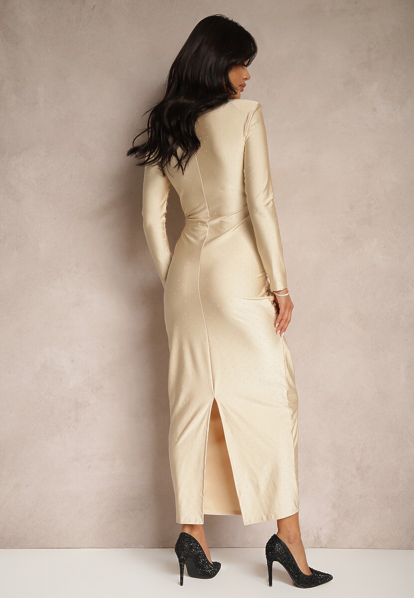 Beżowa Sukienka o Dopasowanym Kroju z Marszczeniem i Cyrkoniami Asila