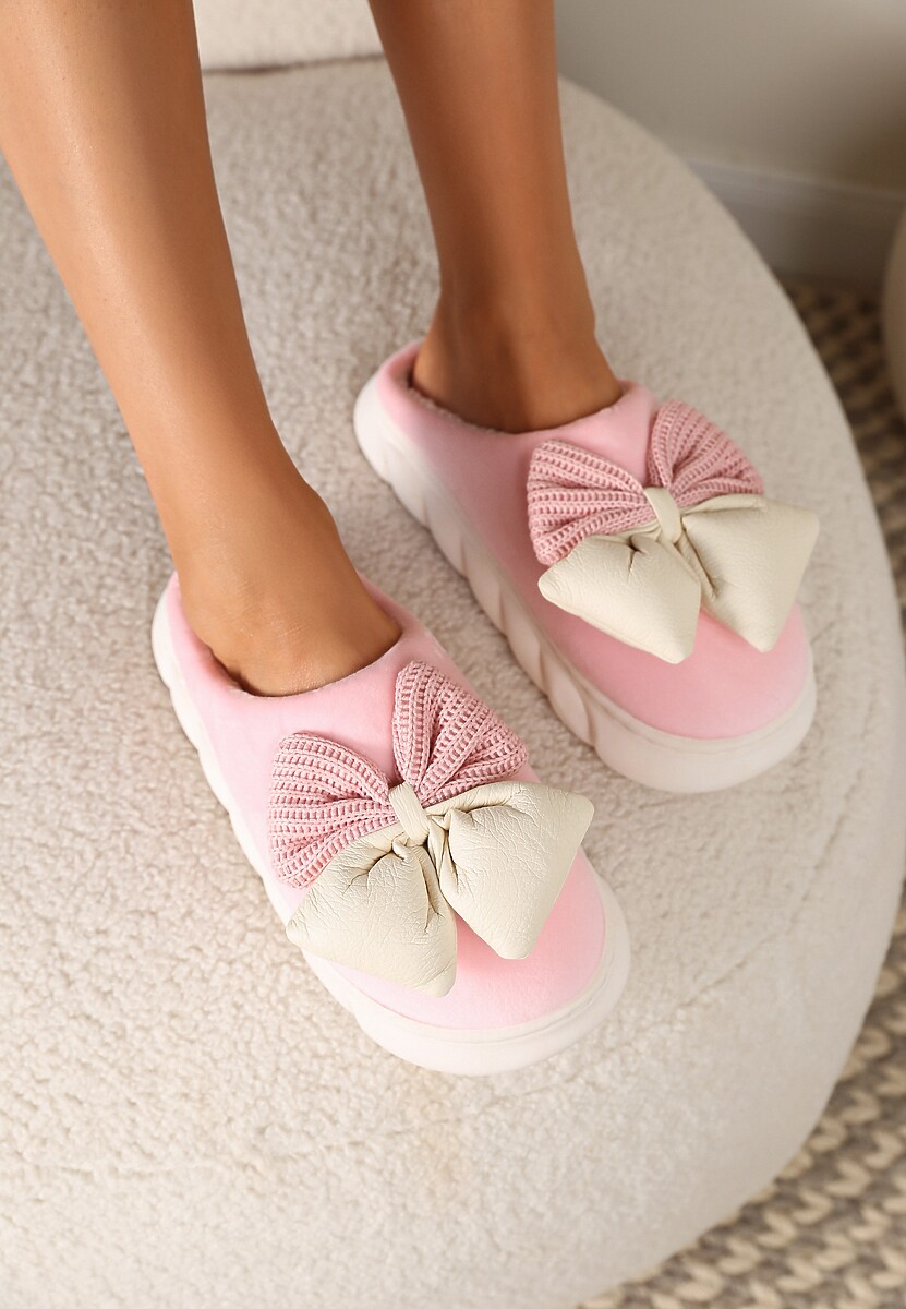 Różowe Kapcie na Płaskiej Podeszwie z Futerkiem i Kokardą Dezilaine