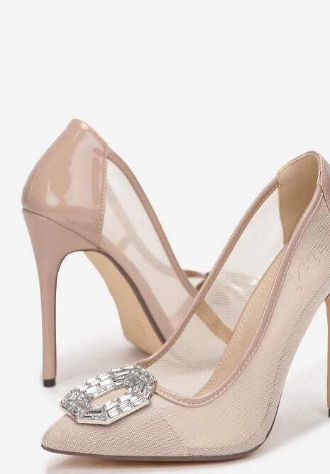 Beżowe Szpilki z Ozdobą w Cyrkonie i Szpiczastym Noskiem Malenga