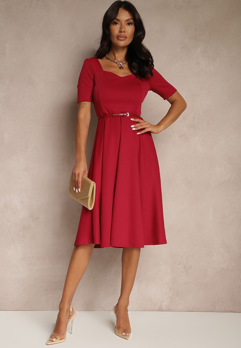 Bordowa Rozkloszowana Sukienka z Dekoltem w Serce Neriliane