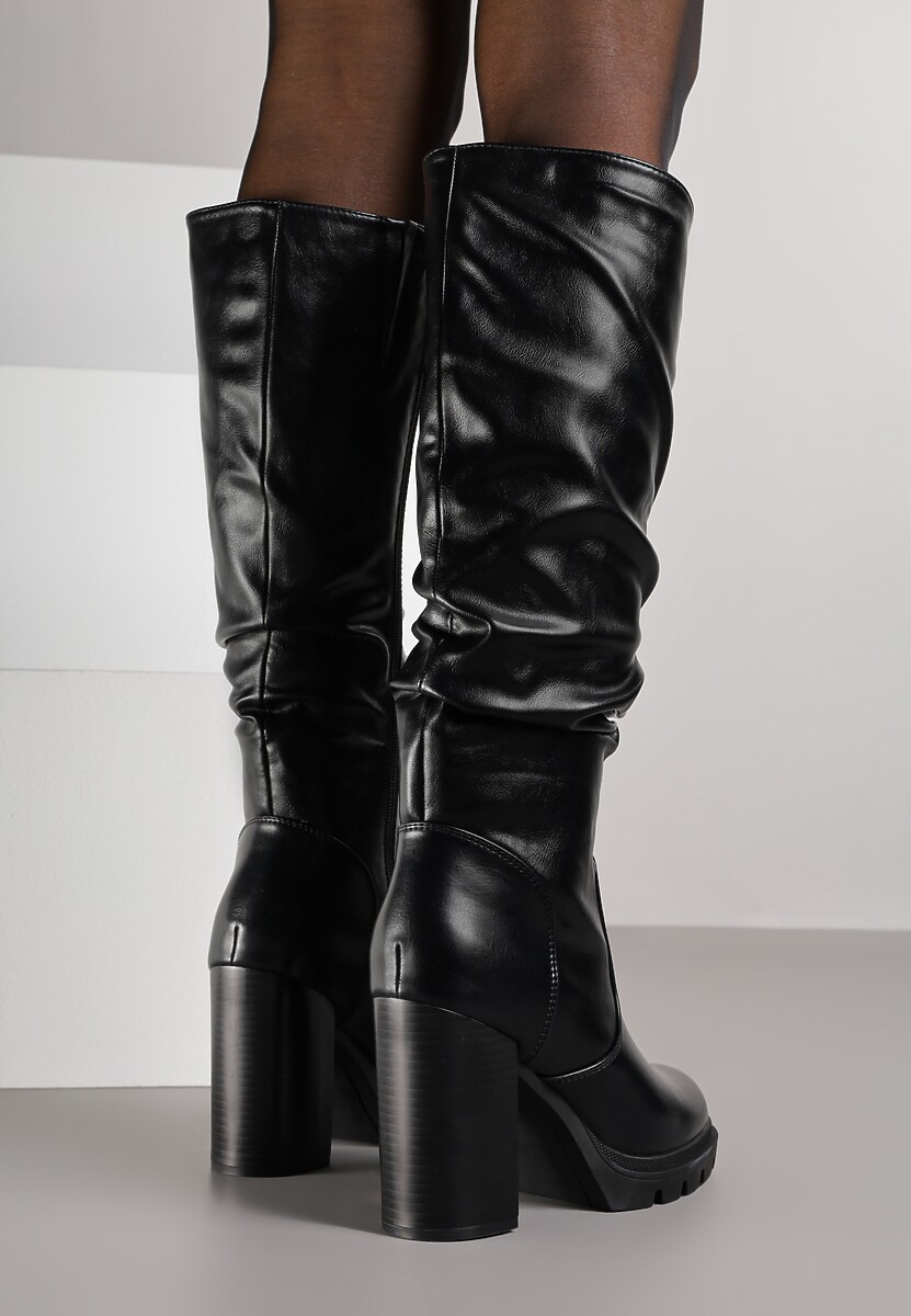 Czarne Kozaki do Kolana z Marszczoną Cholewką i Obcasem Typu Słupek Netalea