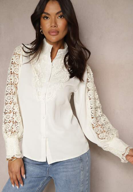 Beżowa Koronkowa Koszula ze Stójką Sariviel