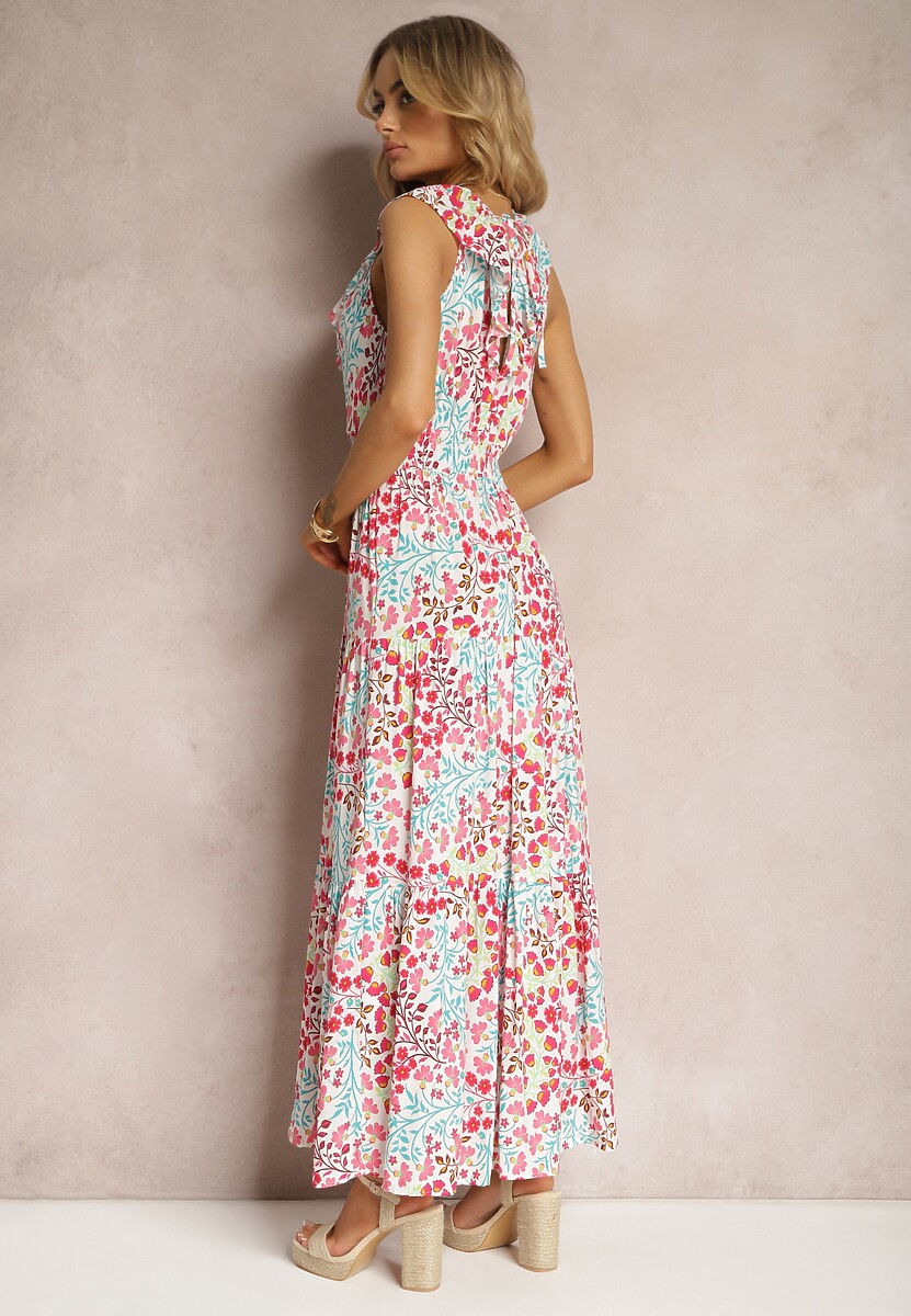 Czerwono-Niebieska Kwiatowa Sukienka z Wiskozy o Rozkloszowanym Fasonie z Falbanką Pallad