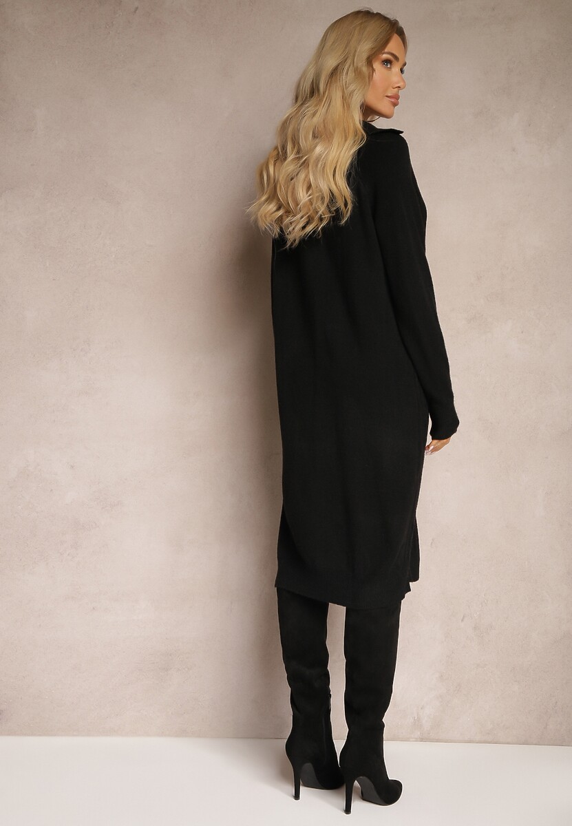 Czarna Sukienka z Wełną i Bawełną Ozdobiona Suwakiem i Kołnierzykiem Leralina