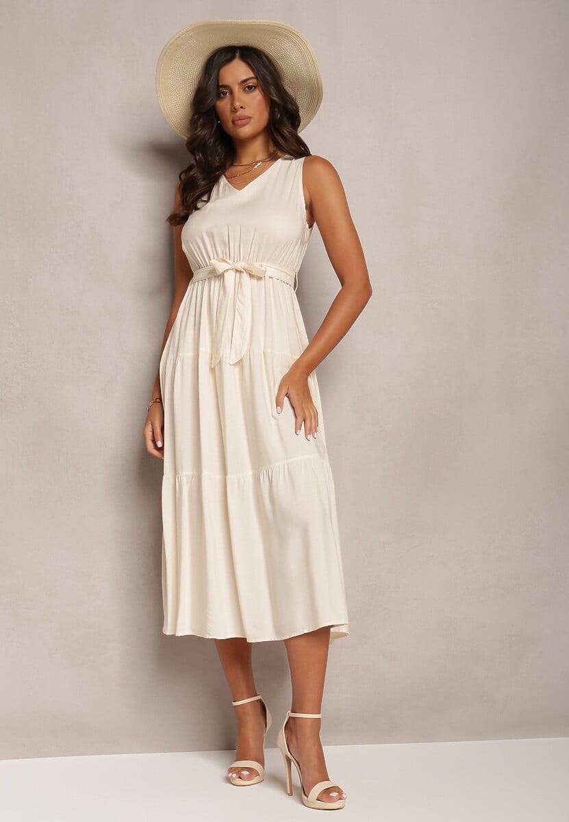 Beżowa Wiązana Sukienka Midi bez Rękawów z Gumką w Talii Mideyo