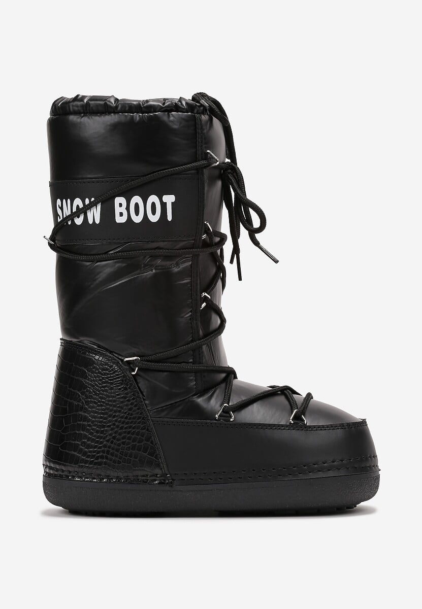 Czarne Wsuwane Śniegowce na Platformie z Wiązaniem i Ozdobną Taśmą Gorgona