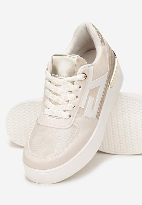 Beżowe Sznurowane Sneakersy na Grubej Podeszwie z Metaliczną Wstawką Faeline