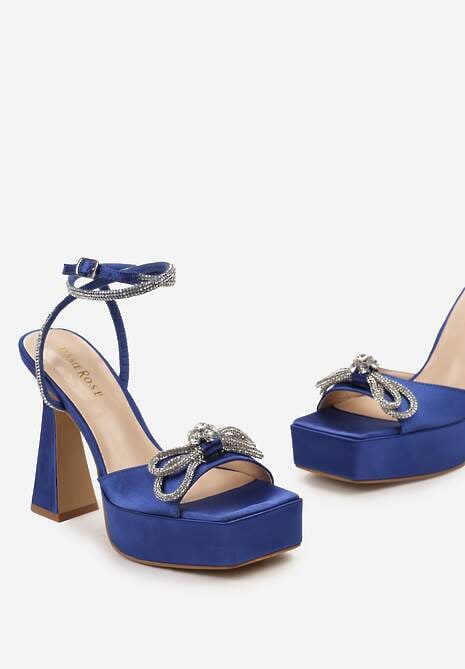 Niebieskie Sandały Sandały na Wysokiej Klepsydrowej Szpilce i Platformie z Kokardką z Cyrkonii Josalind