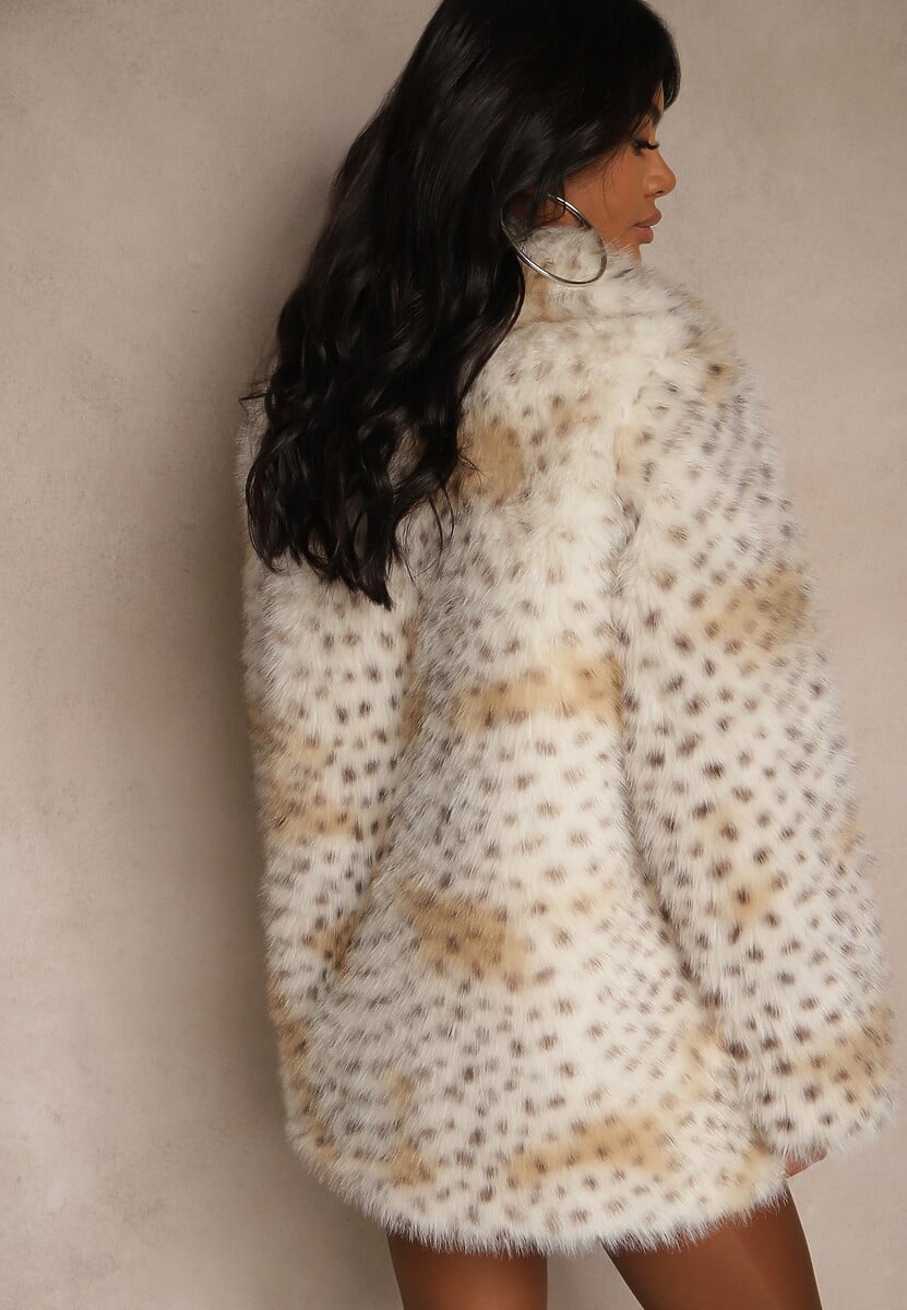 Beżowa Zasuwana Kurtka Futerko z Szerokim Kołnierzem Mevisena