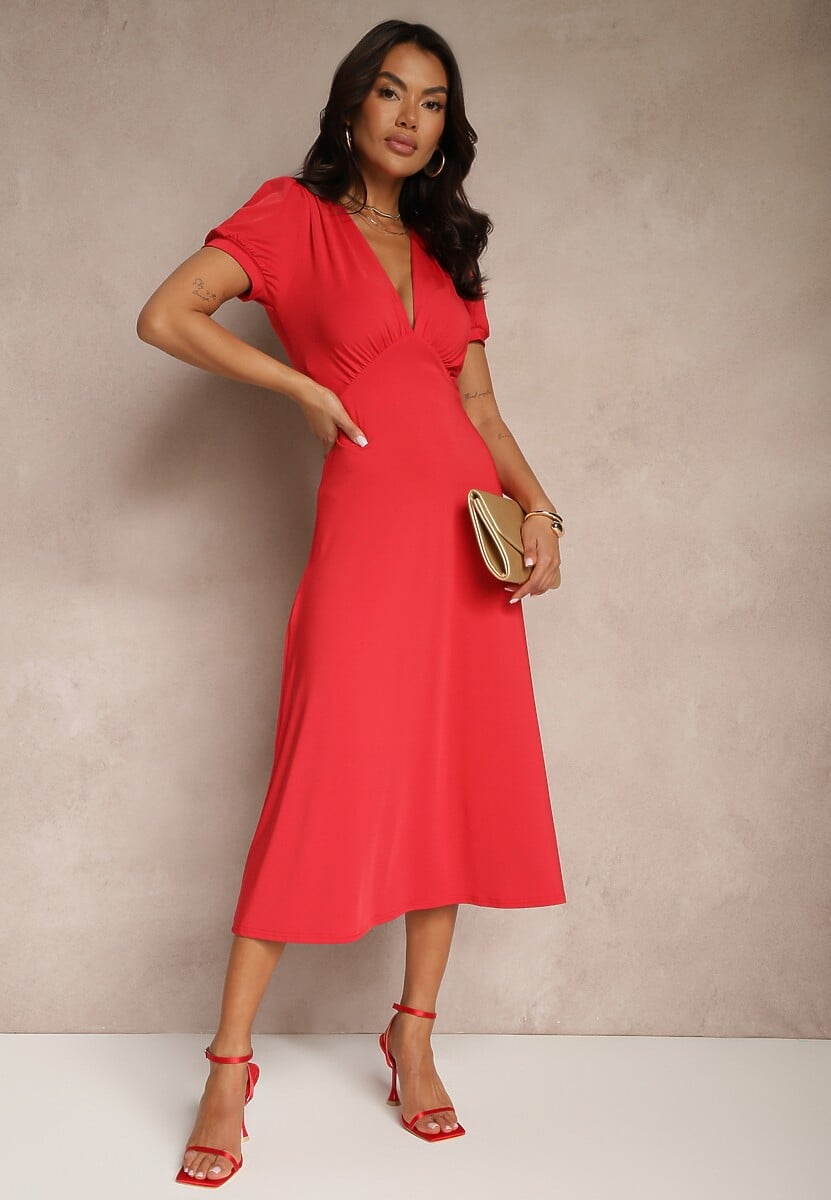 Czerwona Rozkloszowana Sukienka z Wiskozą Koktajlowa z Poduszkami w Ramionach Mimiza