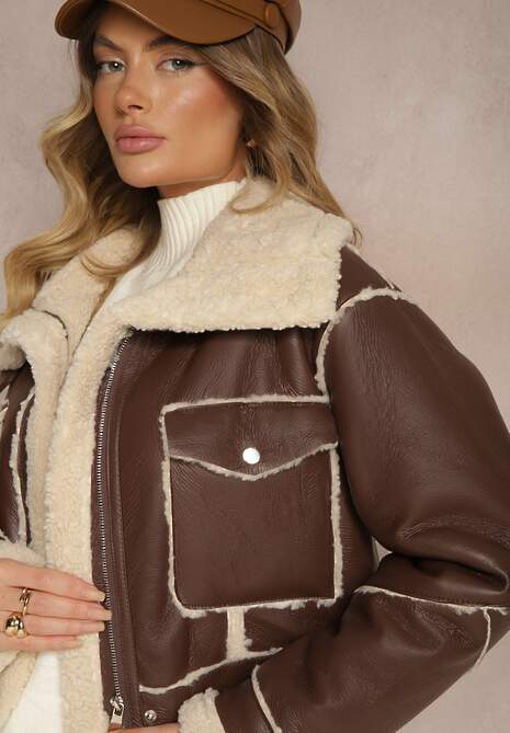 Brązowa Kurtka Typu Biker o Krótkim Kroju z Kołnierzem i Kieszeniami Naonellea