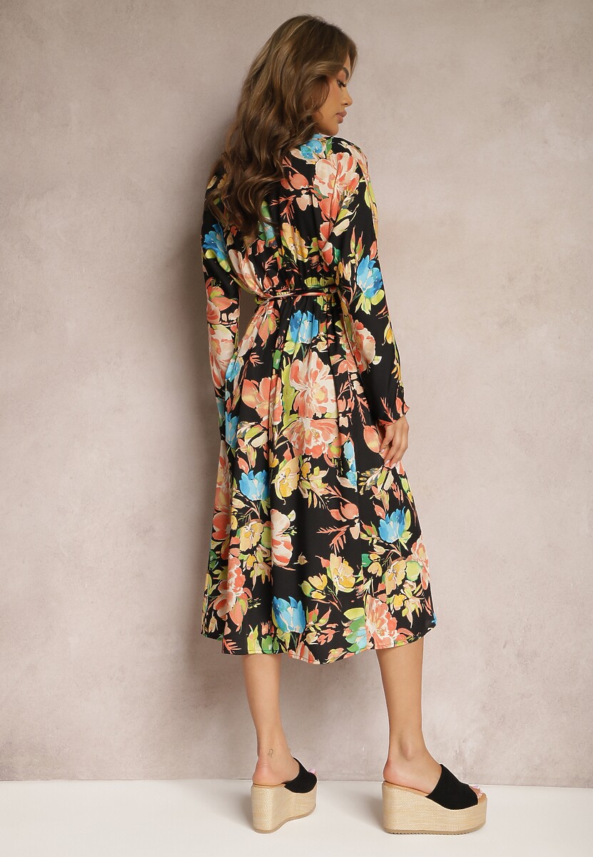 Czarno-Różowa Kopertowa Sukienka z Kwiecistym Printem Aleratoa