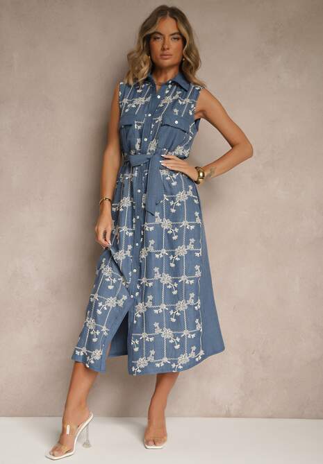 Niebieska Sukienka Koszulowa z Wiązanym Paskiem i Haftowanym Zdobieniem Malenea