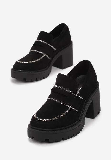 Czarne Półbuty przed Kostkę na Słupkowym Obcasie z Cyrkoniami Sarratoni