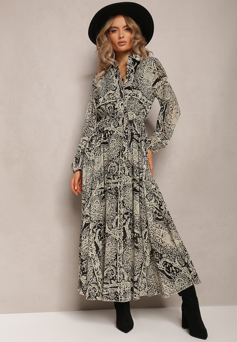 Beżowo-Czarna Sukienka Rozkloszowana z Wiązanym Paskiem Blerore